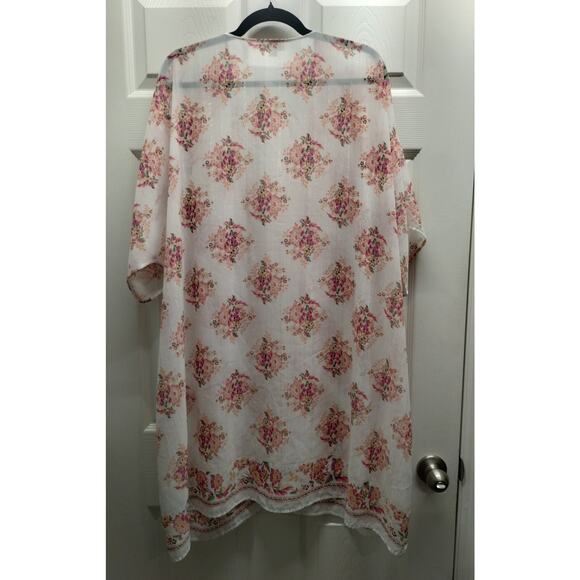 LOFT Outlet Women's Size M/L White Pink Floral Metallic Stripe Cover-Up Kimono - Picture 3 of 7